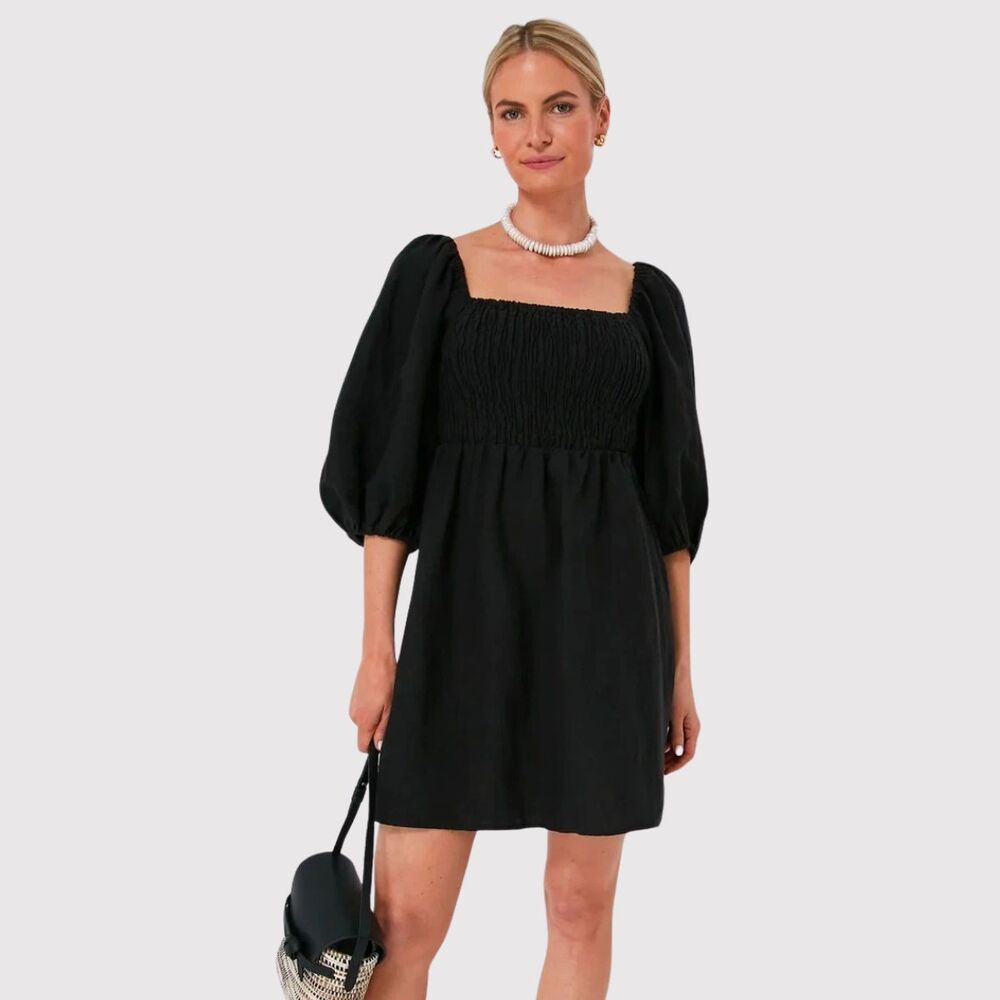 Tuckernuck Mini Dress Black Annie Linen Smocked Puff Sleeve A Line Babydoll XL